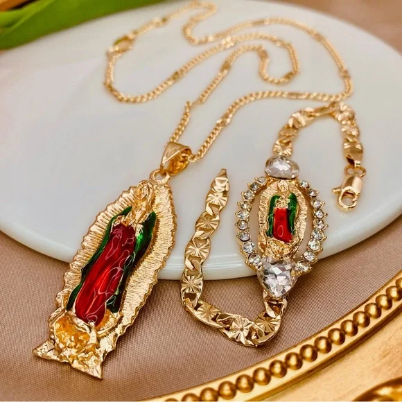 Our Lady Of Guadalupe 3D Enamel Pendant Curb Diamond Cut Design Necklace Gold - Picture 9 of 10